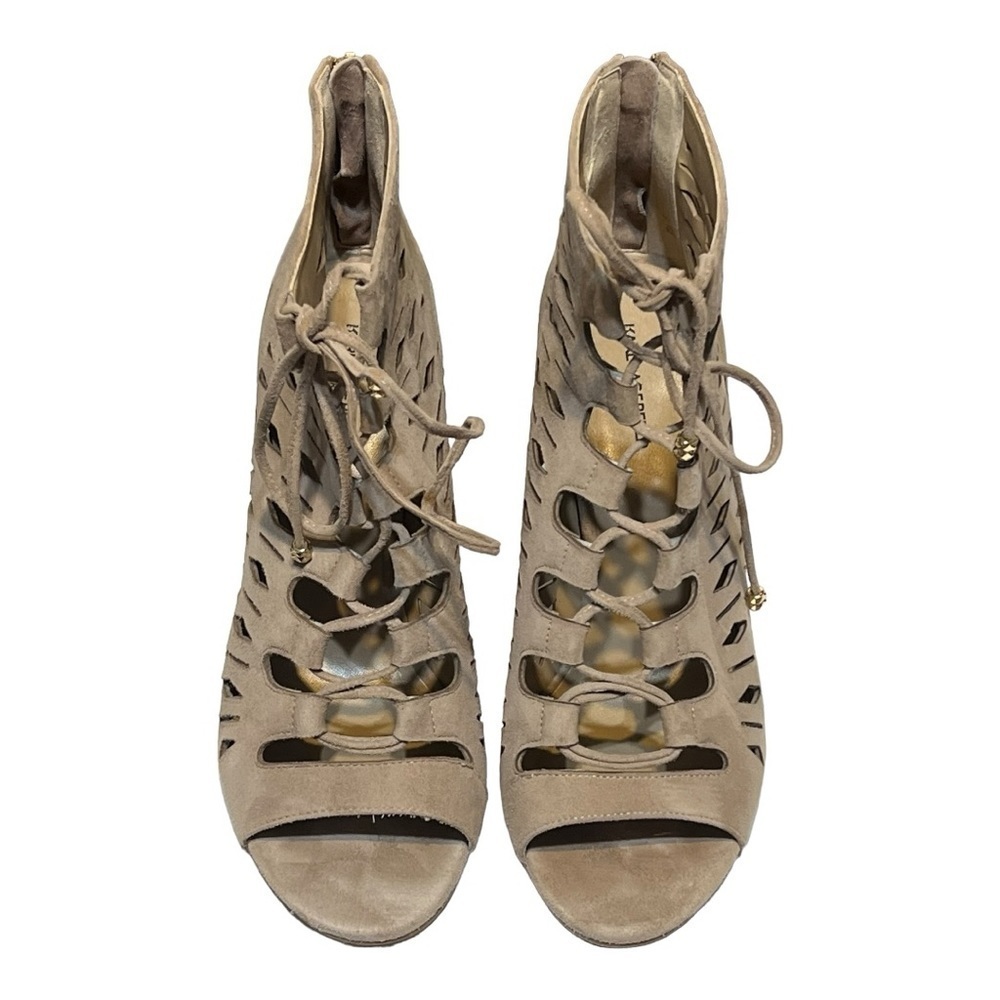 Karl Lagerfeld Barri Heels Suede Taupe 4” Gladiator Style Peep-To Lace-Up Size 9